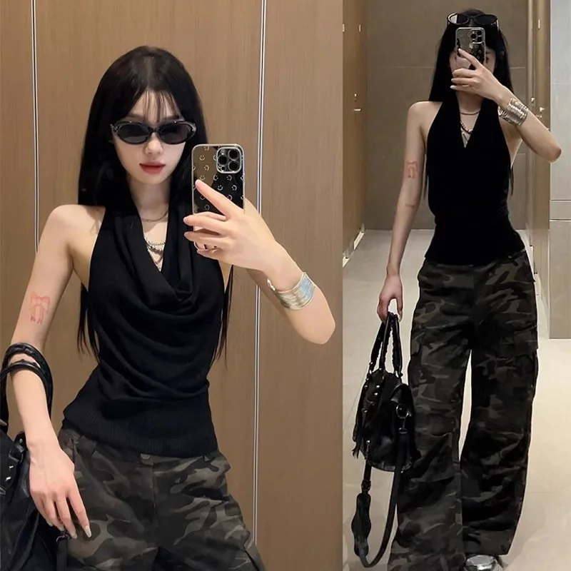 

Summer Women's Black V Collar Halter Backless Tank Top Slim Fit Pure Desire Style Sleeveless Two Wear Hollow Out Camisole