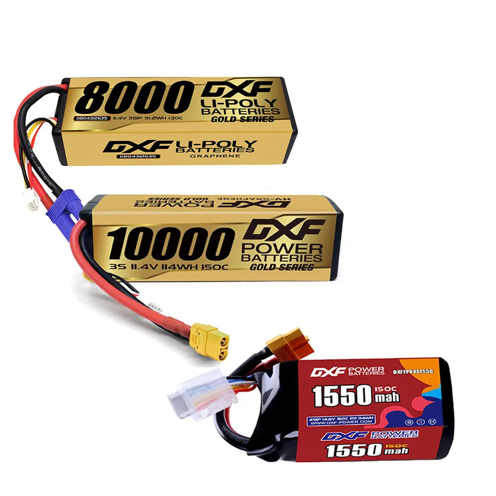 Batterie Lipo DXF 3S 8000 mAh 11,4 V 4S 1550 mAh 150C avec connecteur EC5 XT90 et boîtier rigide pour voiture RC, buggy, truggy, véhicule tout-terrain, UAV et course