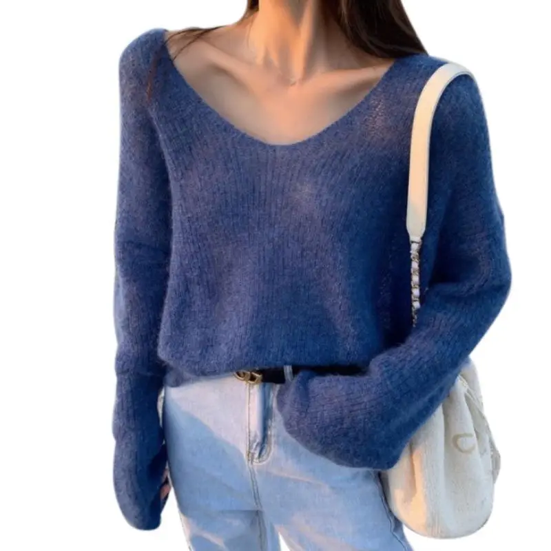 Women\'s  Fall Long Sleeve V Neck Solid Color Knit Chunky Casual Oversized Pullover Sweater Tops