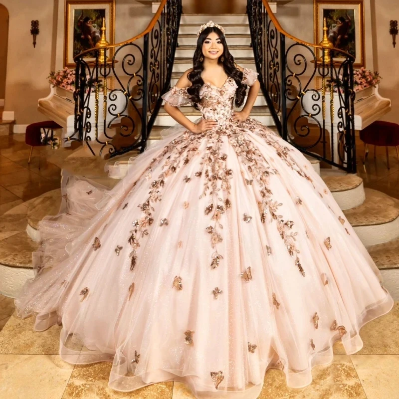 

Light Pink Shiny Ball Gown Quinceanera Dresses Off The Shoulder Gold Applique Bow Beads Tull Lacing Up Sweet 15 Vestidos De XV