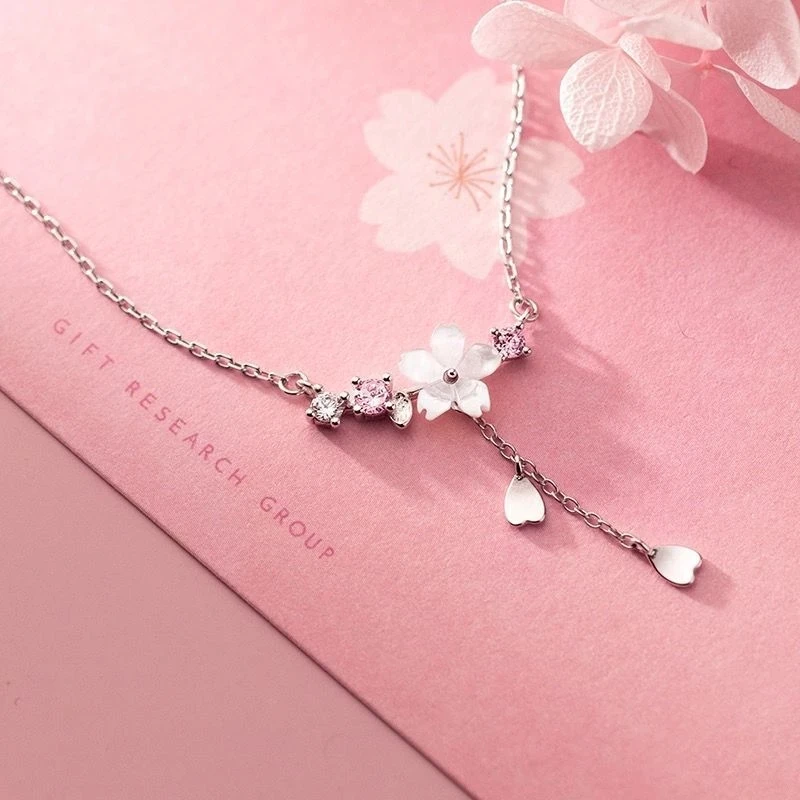 925 Sterling Silver Inlaid Zircon Necklaces for Women Romantic Cherry Blossom Pendant Clavicle Chain Choker Jewelry