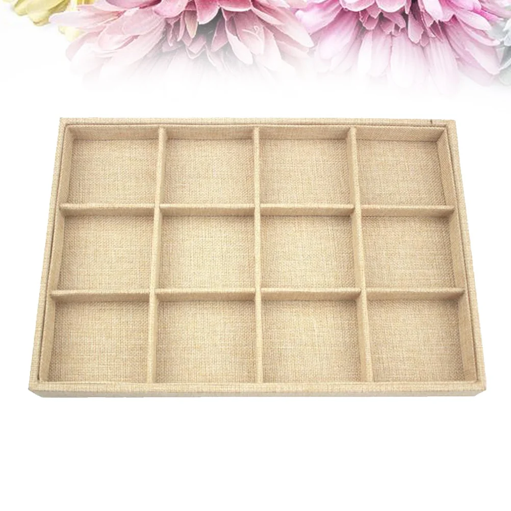 

Jewelry Tray 12 Compartment Stackable Display Organizer Elegant Sackcloth Finish for Watch Ring Earring Bracelet Storage