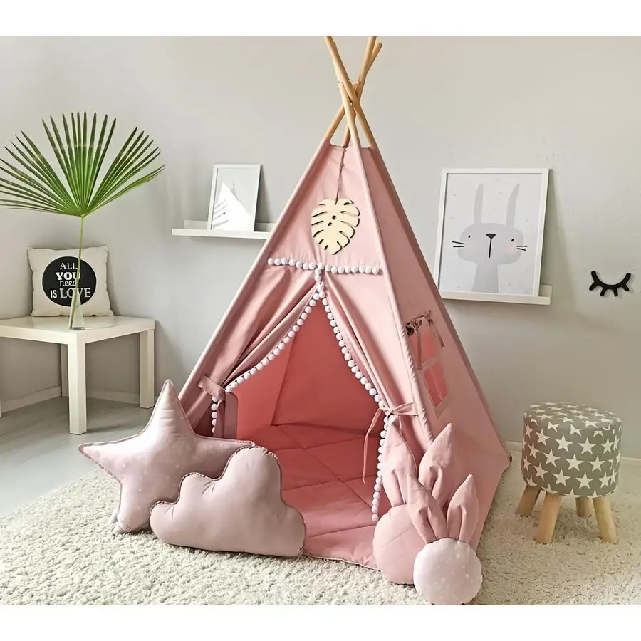 

Teepee Tent with White Pom Pom Indoor Play Teepee for Children Boys Portable Play House Pink