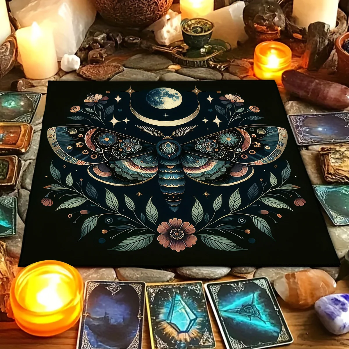 Tarot Tablecloth Moon Moth Flowers and Plants Altar Cloth Altar Decor Witchcraft Astrology Oracle Divination Cloth Home Decor
