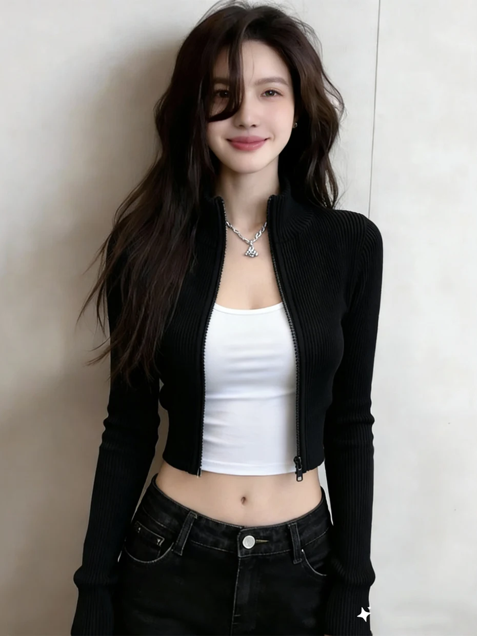 

Black Short Double Zipper Knitted Sweater Jacket Women's Slim Fit Stylish Design Commute Style Polyester Fiber Long Sleeve