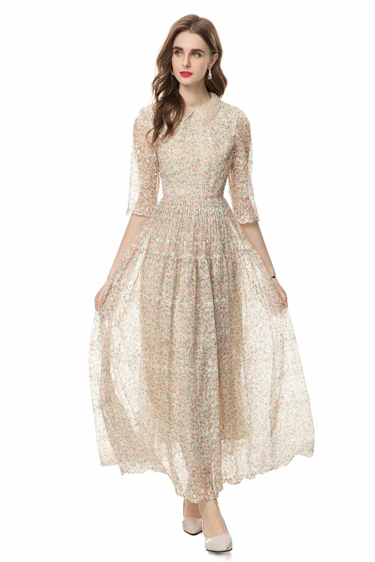 

High Quality 2024 Summer Women Dress Vintage Small Floral Print Net Yarn Peter Pan Collar Ankle-Length Princess