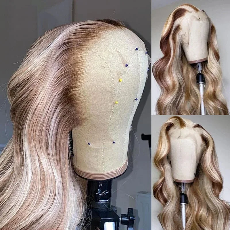 Chocolate Brown with Blonde Highlights Body Wave 13x4 Lace Front Human Hair Wigs