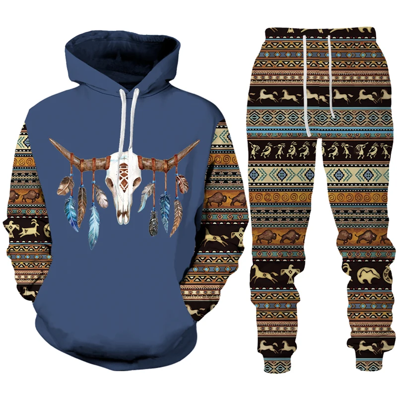 Vintage Tribal Cow Print Tracksuit Set Man Woman Hoodie+Pants 2pcs Set Fashion Casual Western Cowboy Hip Hop Streetwear Clothes