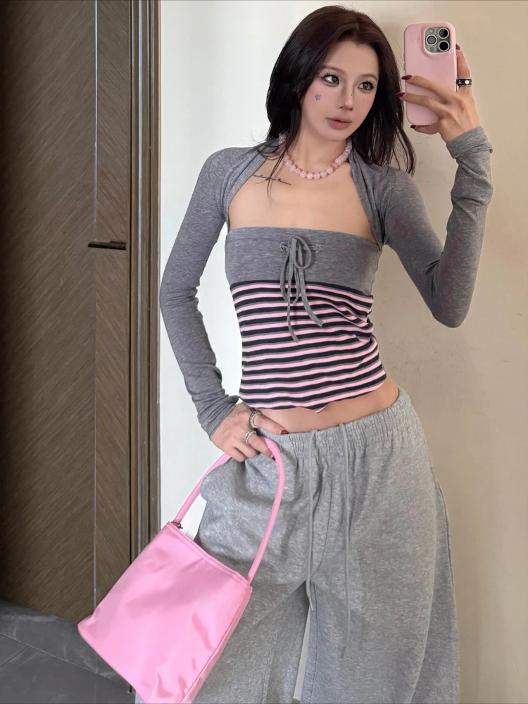 Streetwear Two Piece Sets Y2k Aesthetic Crop Grunge Cardigan + Vintage Stripe Patchwork Drawstring Strapless Vest Fairy Outfit