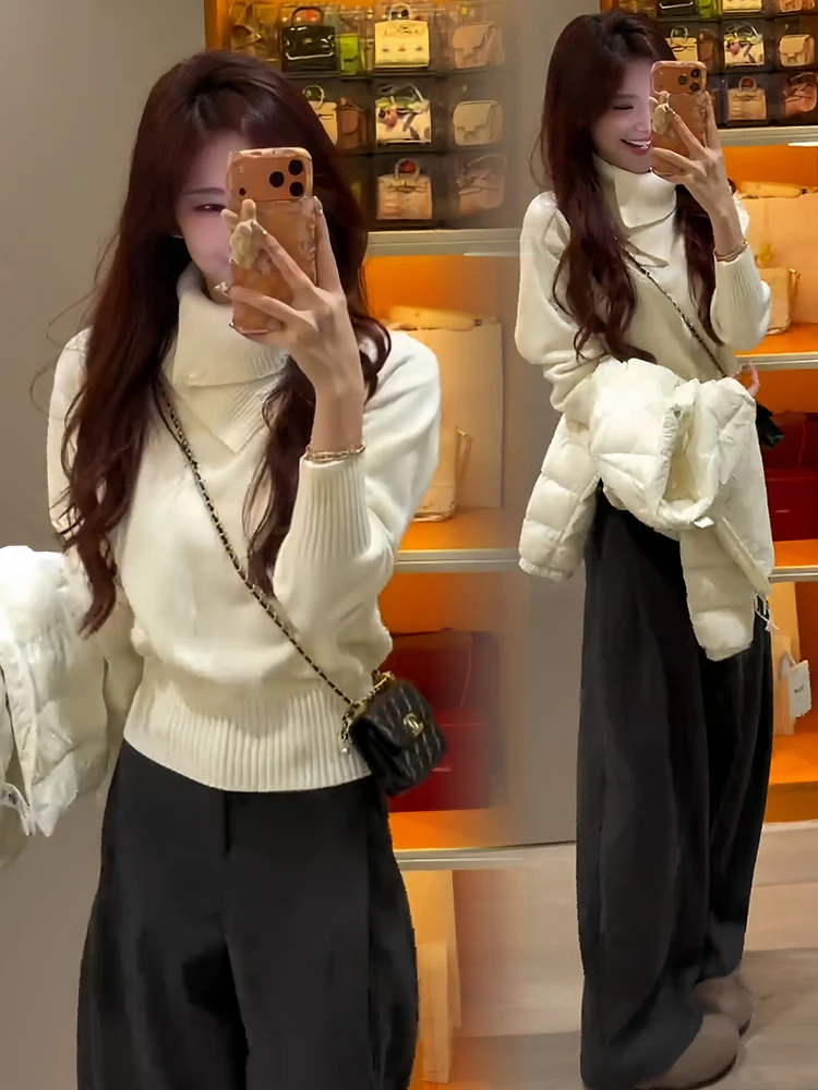 خريف شتاء جديد Sle طويل Sve محبوك سترة المرأة Faion أيقونة الحد من العمر فضفاضة تناسب عالية طوق اللون