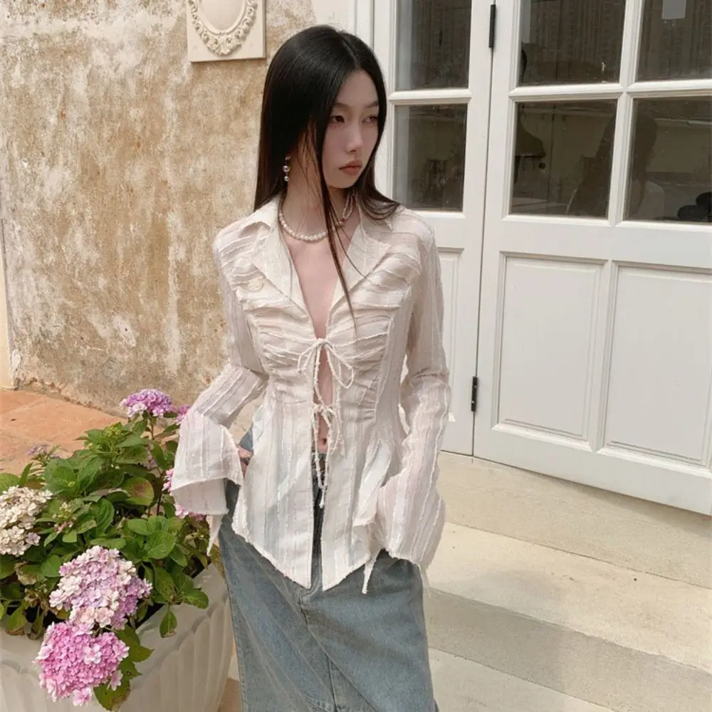 

Soft V-neck Chiffon Sunscreen Shirt Lace-up Irregular Long Sleeve Shirt Ruffle Loose Beige Shirt Women Streetwear