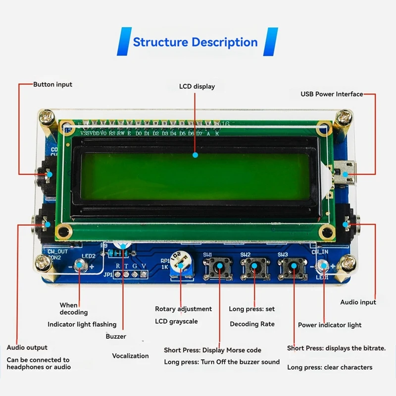 CW مورس كود فك DIY كيت CW المدرب مورس كود فك DIY مجموعة المكونات الإلكترونية مع شاشة LCD الرقمية