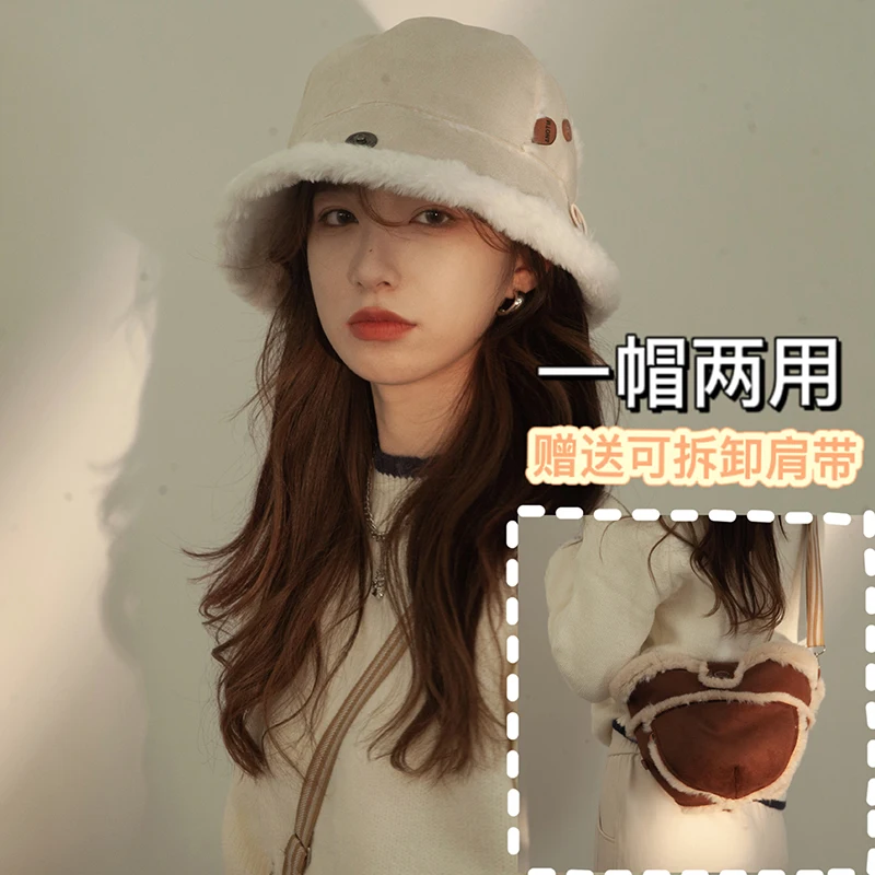 Can Be Used as a Bag ~ Plush Fisherman Hat Women's Winter Fleece-lined Double-Sided Rabbit Fur Bucket Hat Autumn and Winter