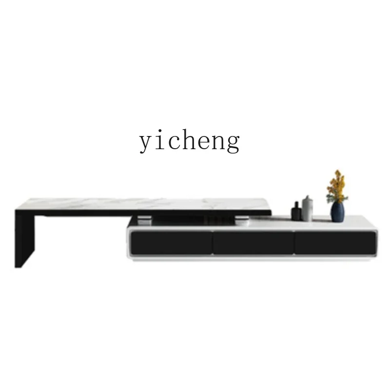 retractable rock panel TV cabinet modern simple tempered glass solid wood TV cabinet coffee table combination