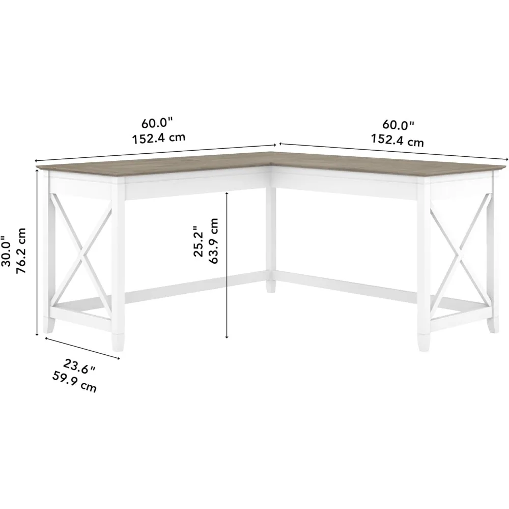 L Shaped Desk in Pure White and Shiplap Gray | 60-Inch Corner Table for Home Office Freight Free