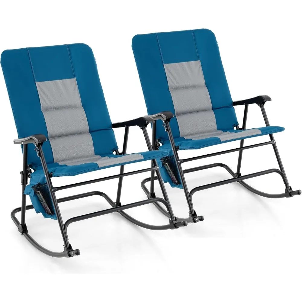 

Oversized Folding Rocking Chair, Padded Patio Lounge Rocker w/Metal Frame, Armrests, Side Pocket, Lightweight Portable Rocking