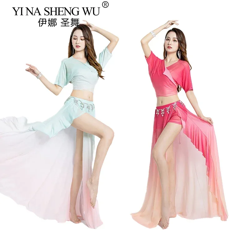 ชุดการแสดงระบำหน้าท้องแบบอียิปต์สำหรับผู้หญิง ชุดเต้นรำสำหรับผู้ใหญ่ กระโปรงแยกสีไล่ระดับ ชุดฝึกซ้อมเต้น