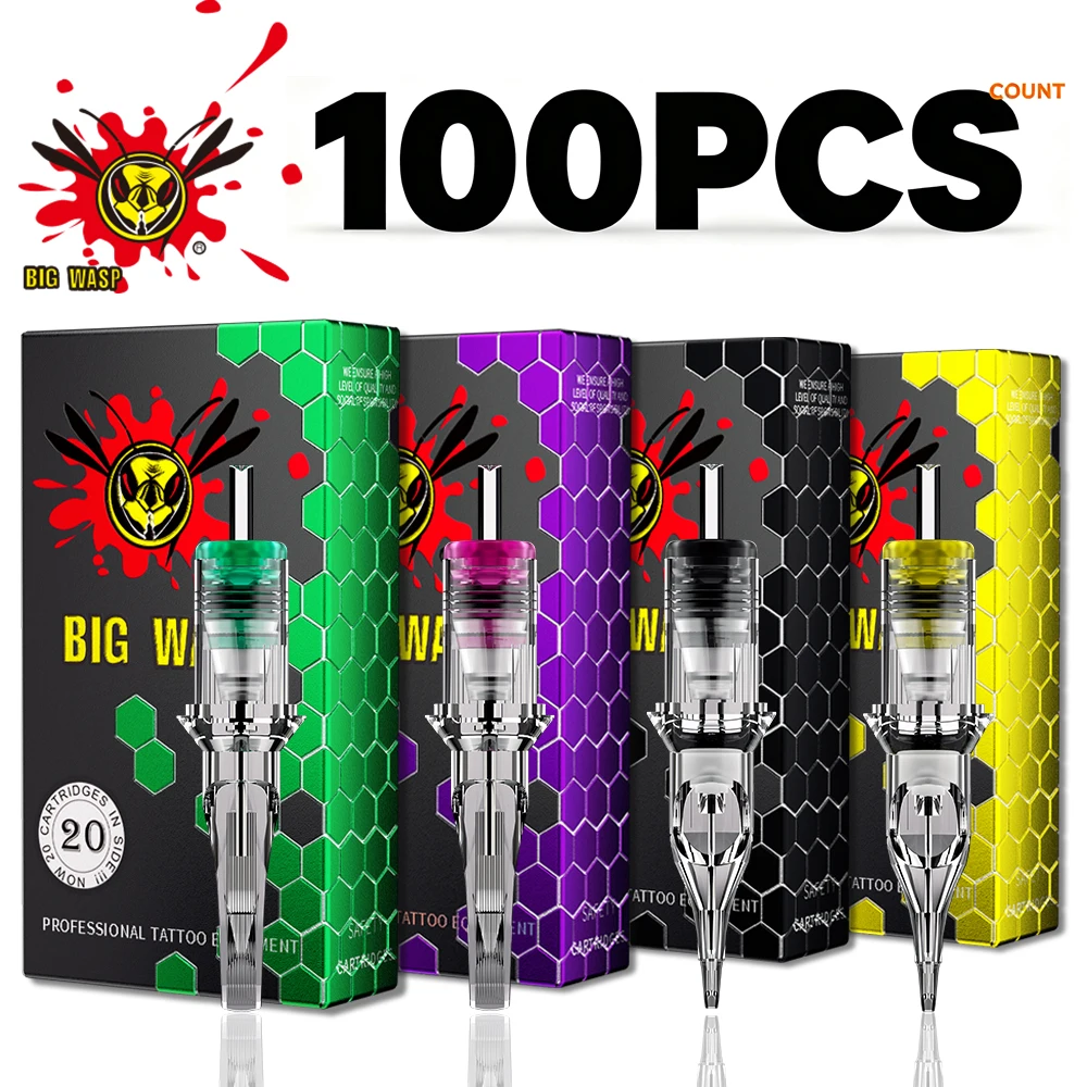 BIGWASP 100Pcs Transparent Tattoo Cartridge Needles Mixed 5 Sizes 10# 12# Safe Sterilized Disposable 5Boxes for Lining Shading