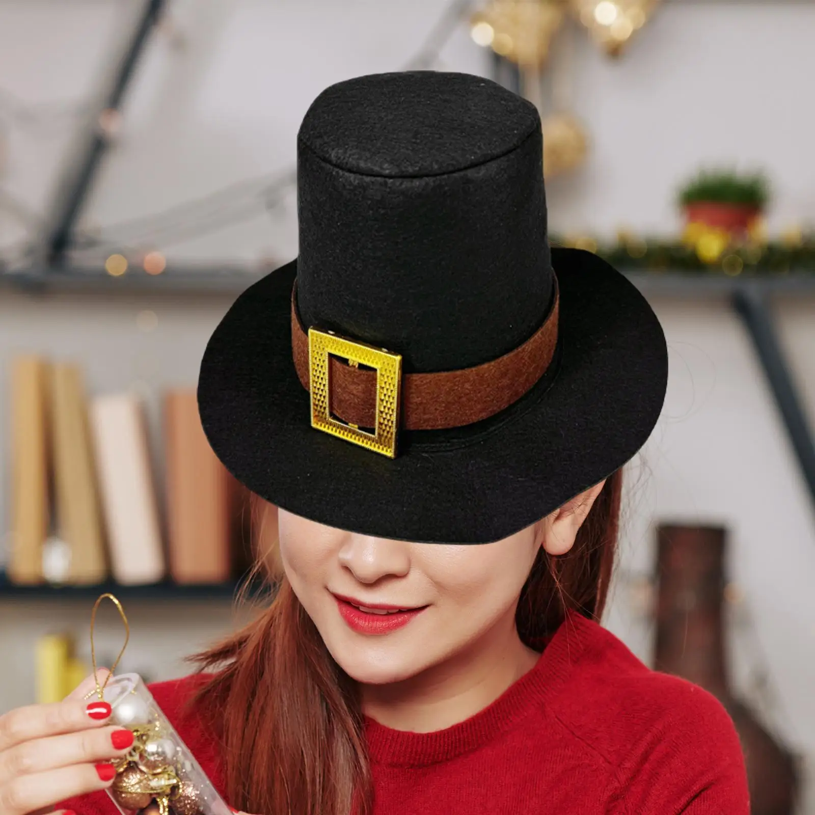 Christmas Top Hat Belt Gold Buckle Hat for Themed Party Dress up Stage Show