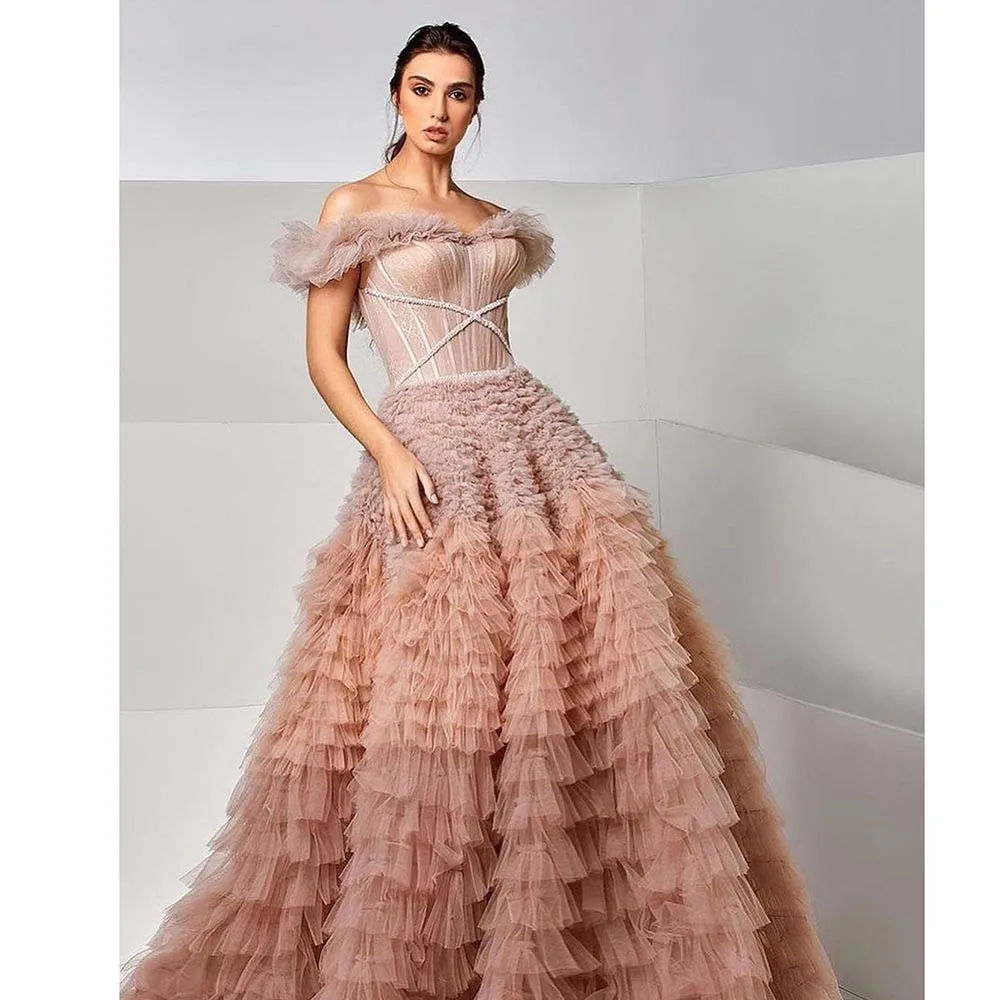 Abito da ballo per donna con spalle scoperte senza maniche lunghezza del pavimento a strati occasioni formali elegante abito da sera di lusso Vestidos