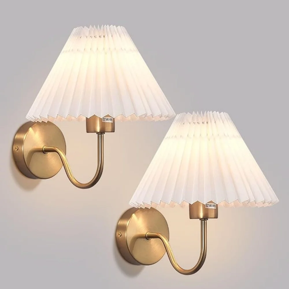 2PCS Gold Wall Sconces Pleated Fabric Wall Lamp Bathroom Dresser Hardwired Wall Light for Bedroom Living Room Hallway Kitchen