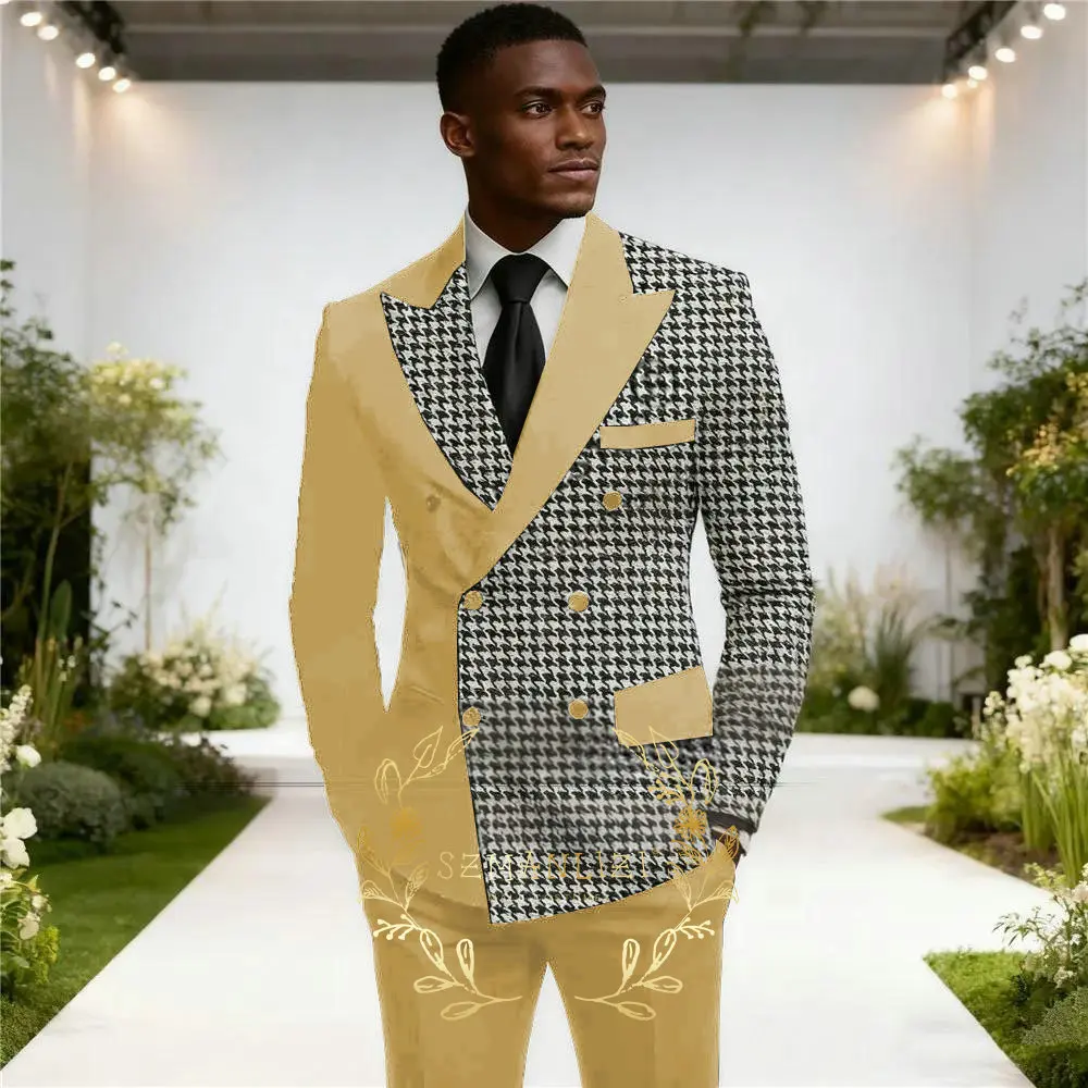 Black And Houndstooth Suits for Men Double Breasted Slim Fit Wedding Costume Homme Customized 2 Piece Jacket Pants Outfits Terno