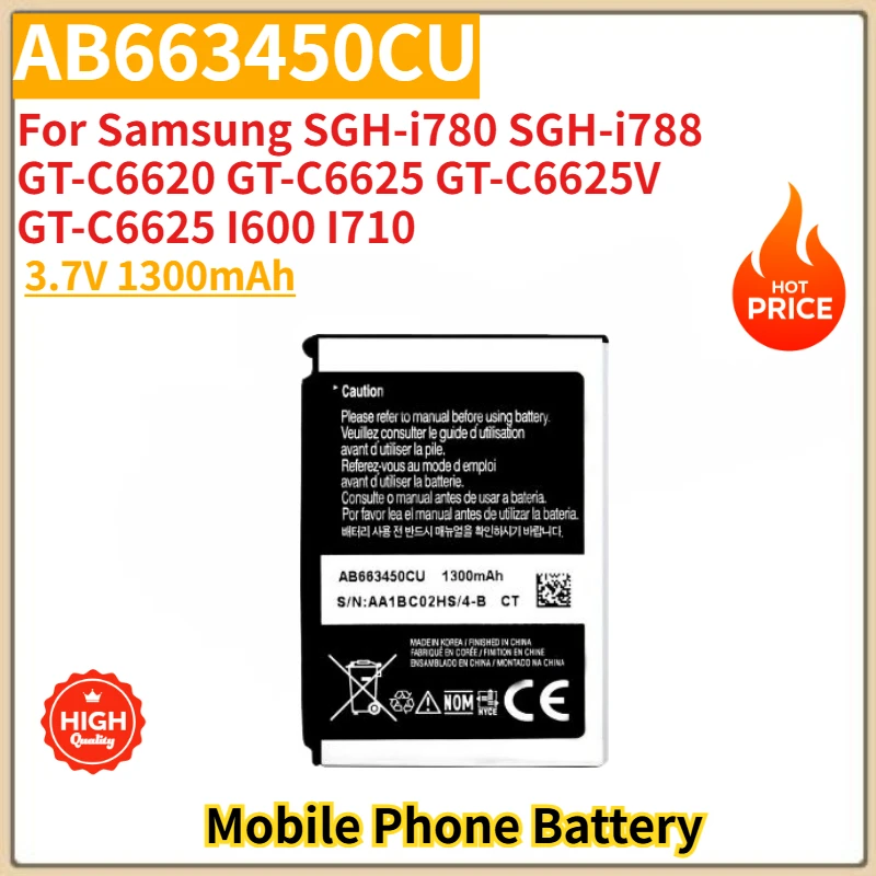 

High Quality AB663450CU Mobile Phone Battery 3.7V 1300mAh For Samsung SGH-i780/i788 GT-C6620/C6625 GT-C6625V C6625 I600 I710