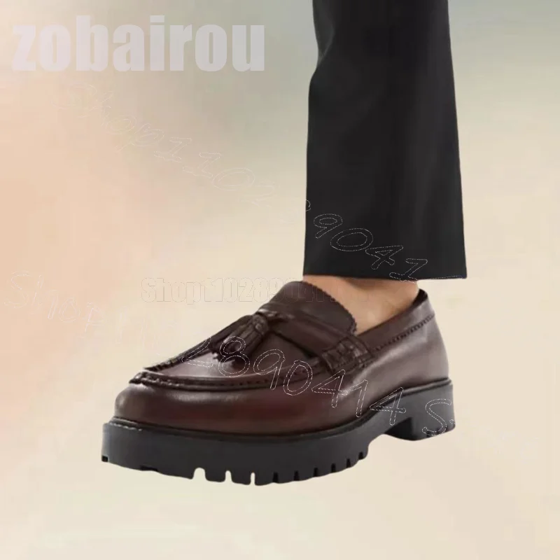 

Brown Sewing Design Platform Tassels Loafers Fashion Slip On Men Shoes Luxurious Handmade Party Banquet Dating Men Casual Shoes