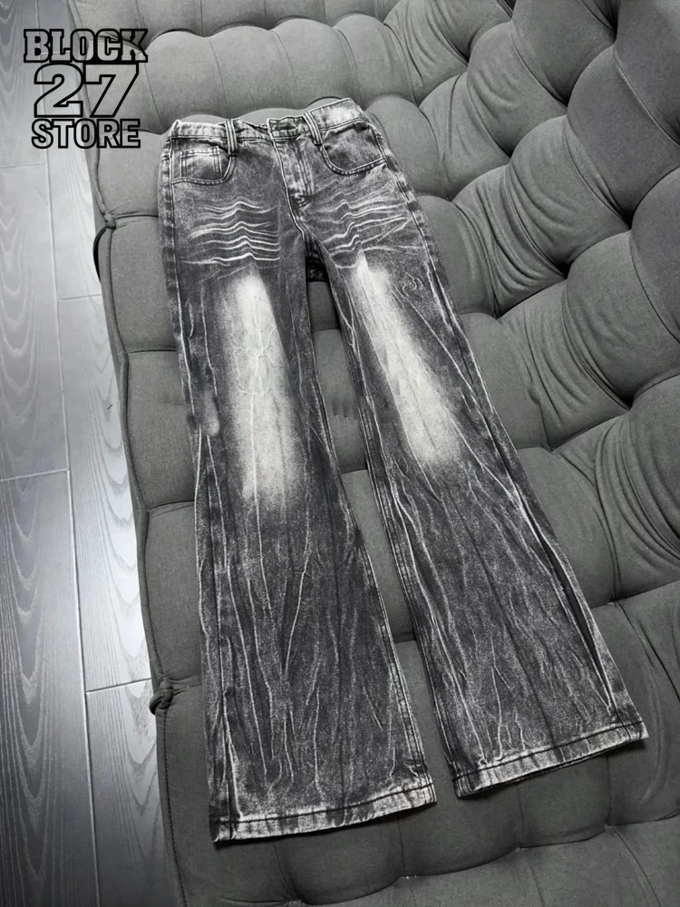 Mens Jeans Harajuku American Streetwear Clean Fit Washed Black Lightning Pattern Denim Pants Slim Micro Flared Autumn Winter New