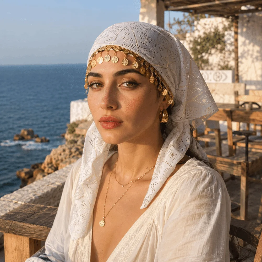 Retro Polyester Triangle Headscarf Floral Print Breathable Golden Beaded Hijab Sequin Lightweight Elegant Turban Hat Women