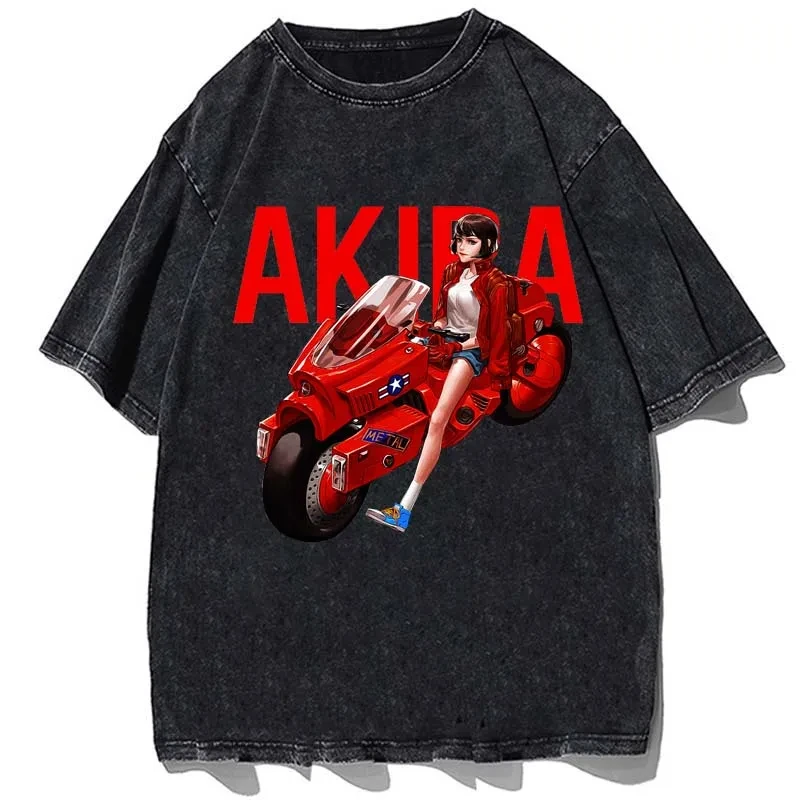 Anime AKIRA Printed Tshirt Summer Men Casual Short Sleeves Oversize Harajuku T-shirt Vintage Washed High Quality Cotton T Shirt