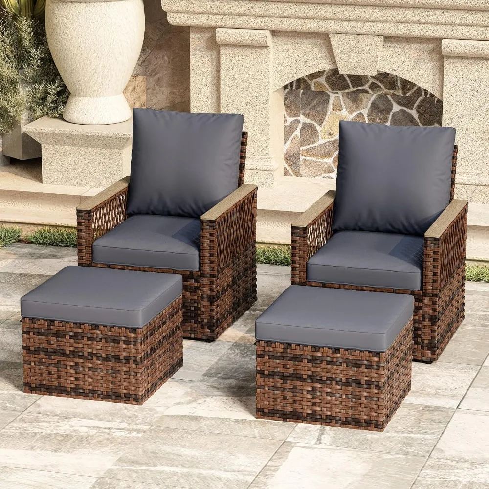 

4 Pieces Patio Furniture Set, Outdoor Wicker Chairs with Ottomans, All-Weather Patio Bistro Set with, Customized