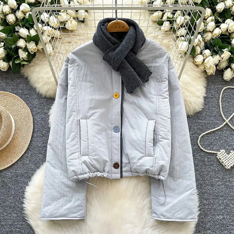 Conjuntos de 2 piezas de estilo coreano para invierno, abrigo de manga larga con cordón y bolsillo + bufanda de punto suave, abrigo acolchado de algodón cálido para mujer