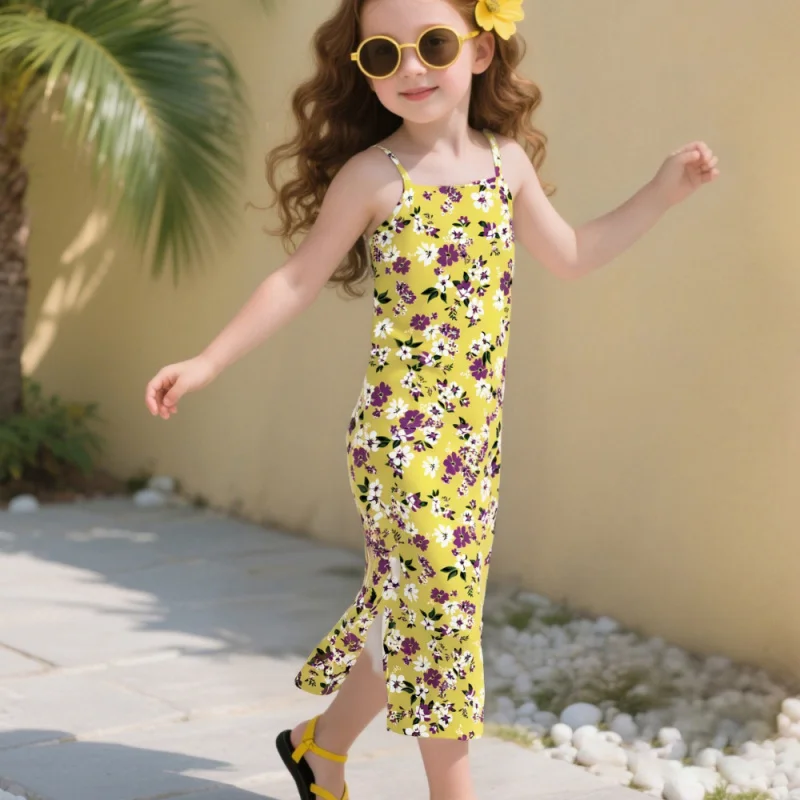 Hot Sale! New for Summer 2025:Girls' Bohemian Floral-Pattern Thin-Strap Split Dress, Ideal for Beach Vacations and Party Styles