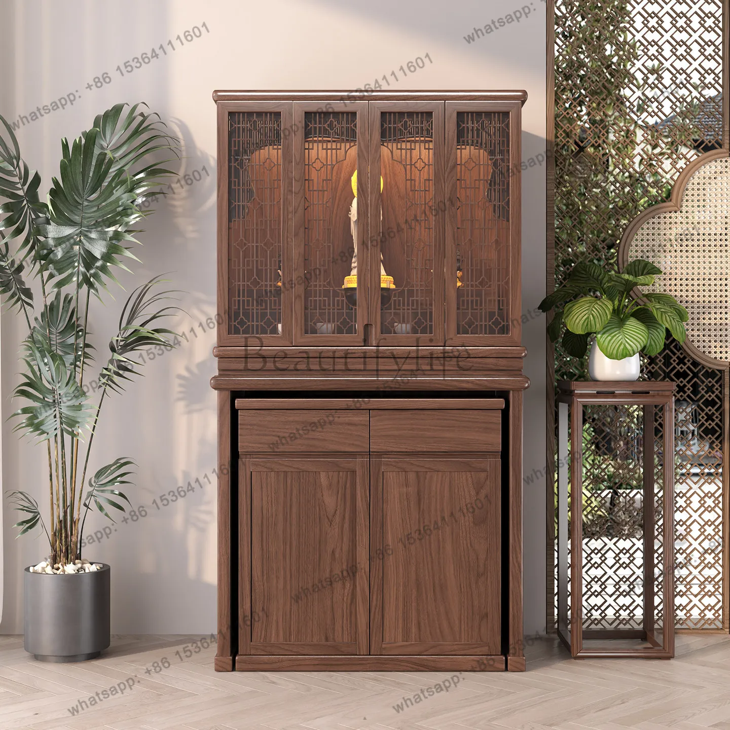 Black walnut casket folding door glass door solid wood altar cabinet