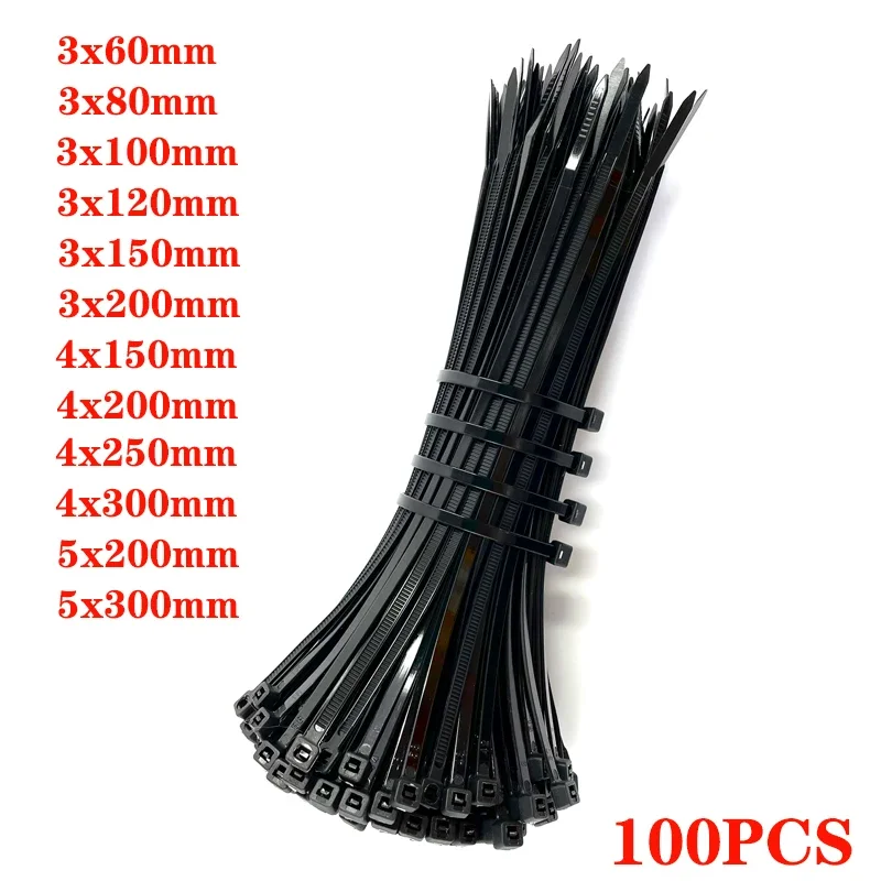 Self-locking plastic nylon tie 100 PCS black 5X300cable tie fastening ring3X200 cable tie zip wraps strap  nylon cable tie set