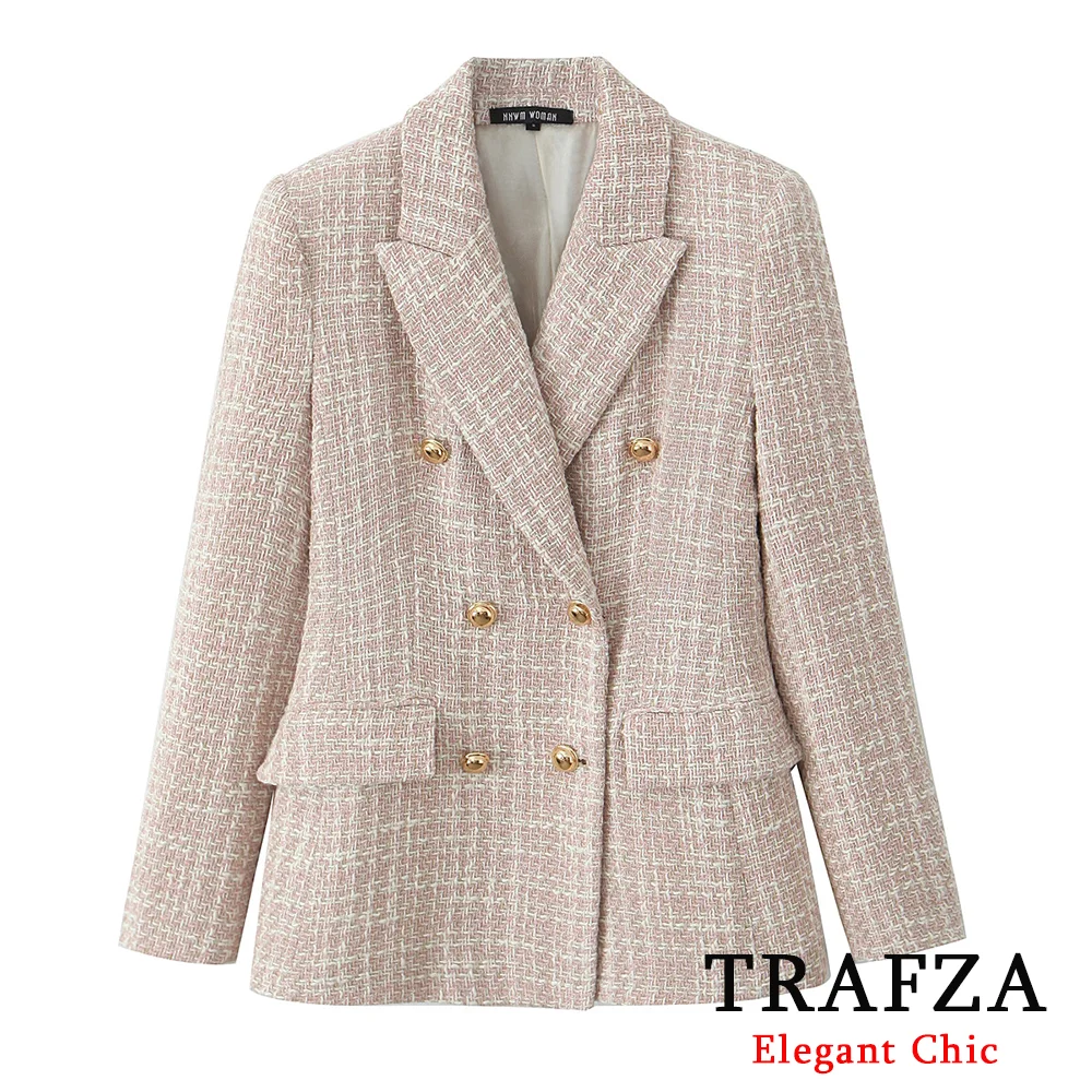 TRAFZA-Women Elegant Blazer Lapel Pocket Button Textured Double-breasted Blazer New 2024 Autumn Fashion Date Dinner Blazer