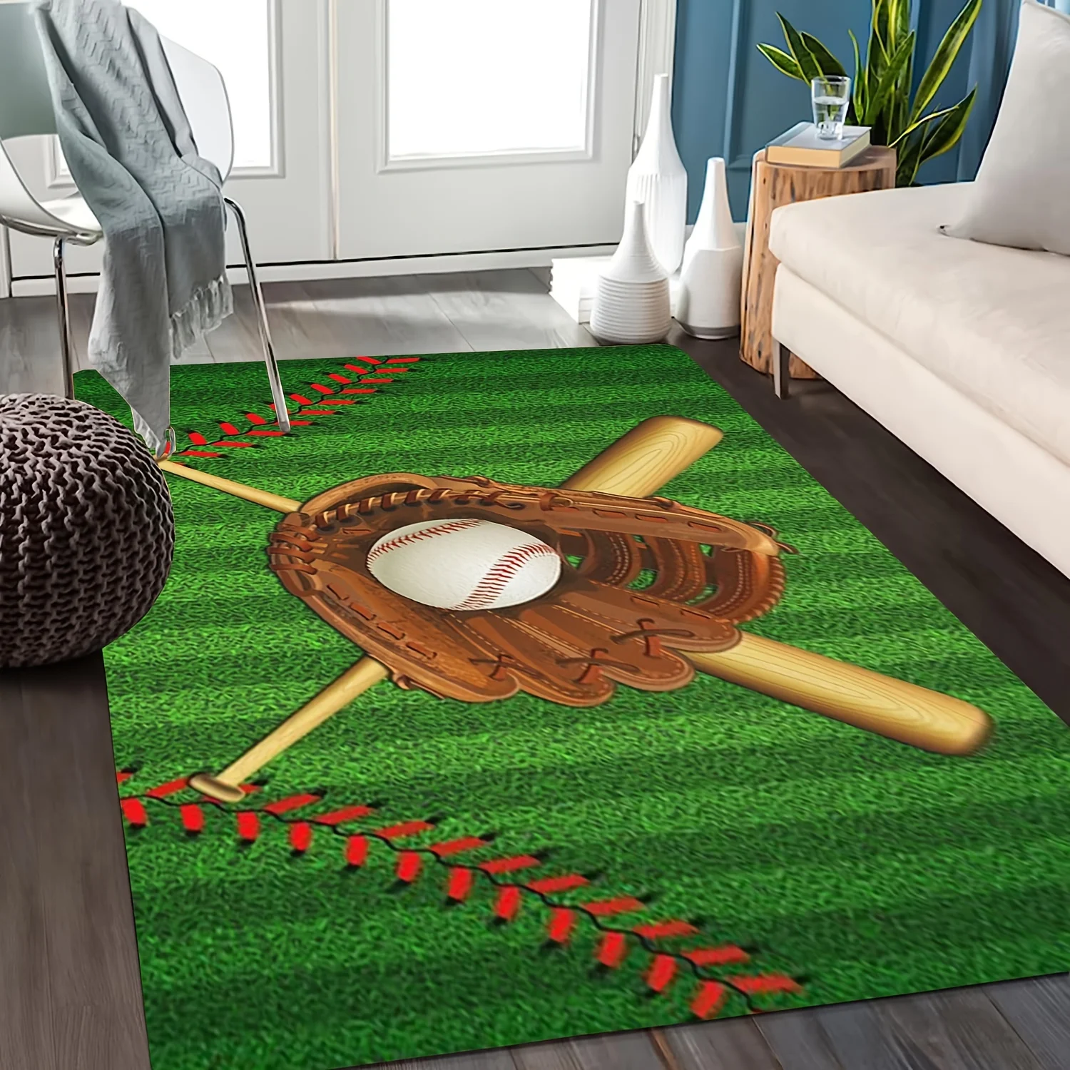 Classic Baseball Pattern Floor Mat, Sports Theme Non-Slip Rug for Living Room and Bedroom, Washable Home Decoration Gift