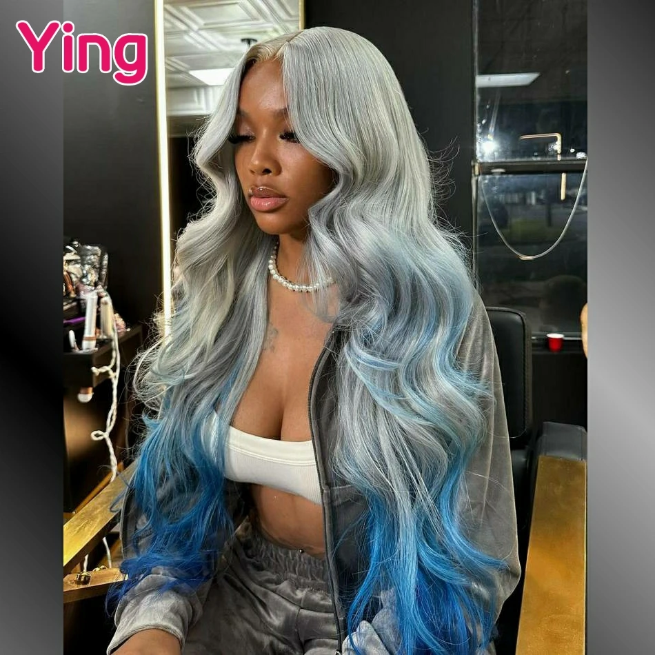 Omber Silver Grey Blue Colored 200% Body Wave 13x6 Lace Frontal Human Hair Wigs PrePlucked Brazilian 5x5 Lace Closure Wigs