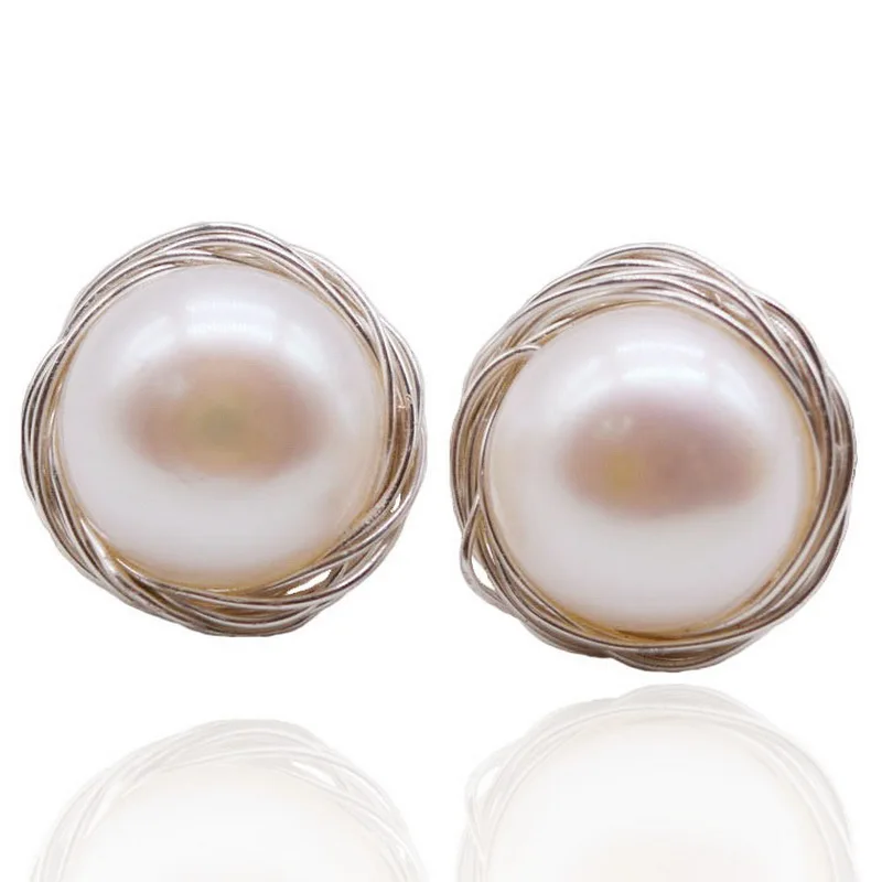 

Pearl Earrings White Round Natural Freshwater Pearls Hand Braided Sterling Silver Stud Earrings Women's Stud Earrings Mom Gifts