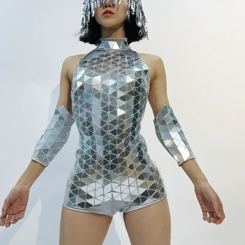 Traje de fiesta para espectáculo, pelele con espejo plateado, mono con cuello Halter a mano, traje de bailarina Gogo para actuación personalizada, club nocturno y Bar
