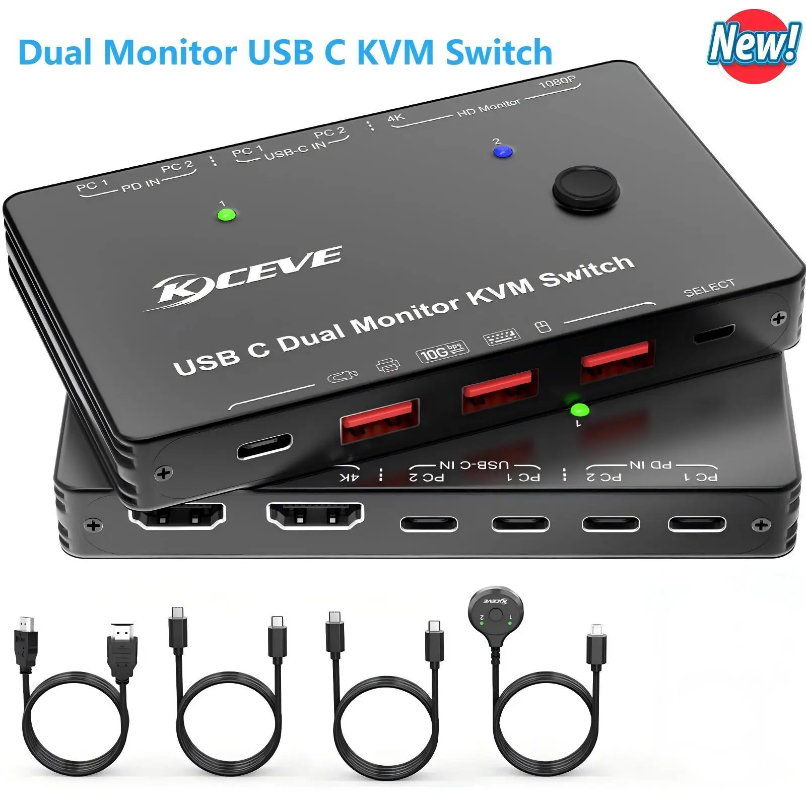 USB C KVM Switch 4K/1080P@60Hz,KCEVE Type C Switch 2 Laptop Share 1/2 Monitor 4 USB 3.0 Devices,Compatible with Thunderbolt 3/4