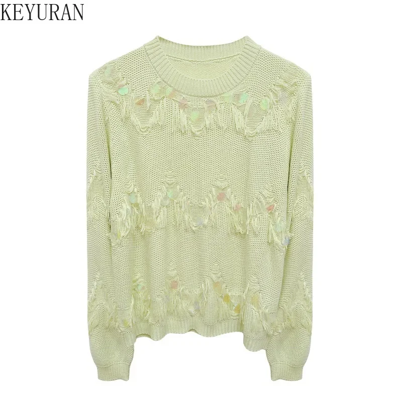 2024 Autumn Sequined Tassel Hollow Out Knitted Sweater Women Casual Loose Long Sleeve Round Neck Pullovers Sweaters Mujer Jumper