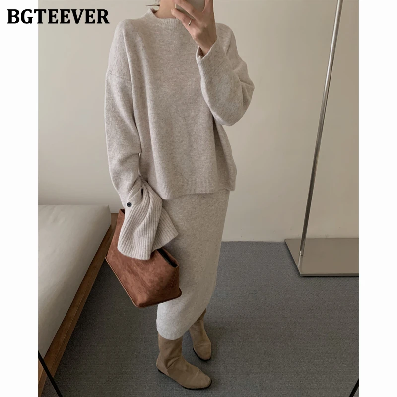 BGTEEVER Stylish Warm Ladies Knitted Skirt Set Long Sleeve Turtleneck Sweaters & High Waist Package Hip Skirts Autumn Winter