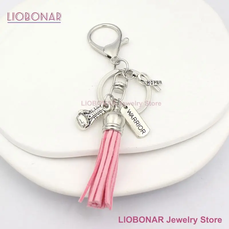 New Arrival Breast Cancer Awareness Pink Ribbon Tassel Keychains Keyring Heart Life Tree Never Give Up Charms Key Chain Jewelry