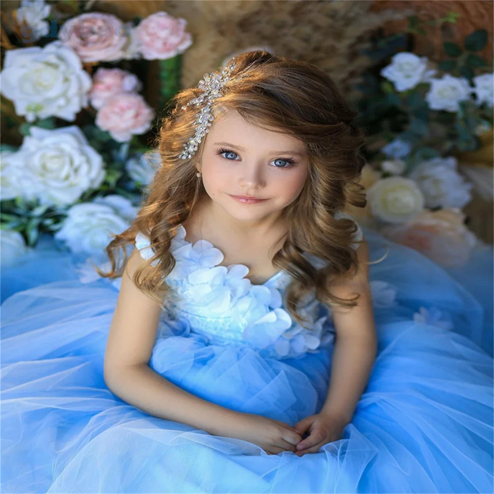 Cute Flower Girl Dress For Wedding Tulle Puffy Lace Applique Sleeveless Floor Length Kids Birthday Party First Communion Gowns