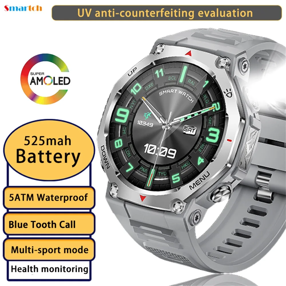 

2025 Новый УФ-свет светодиодный фонарик Спорт на открытом воздухе Мужчины Женщины Смарт-часы AMOLED Экран 5ATM Водонепроницаемые Смарт-часы с синим зубом и вызовом