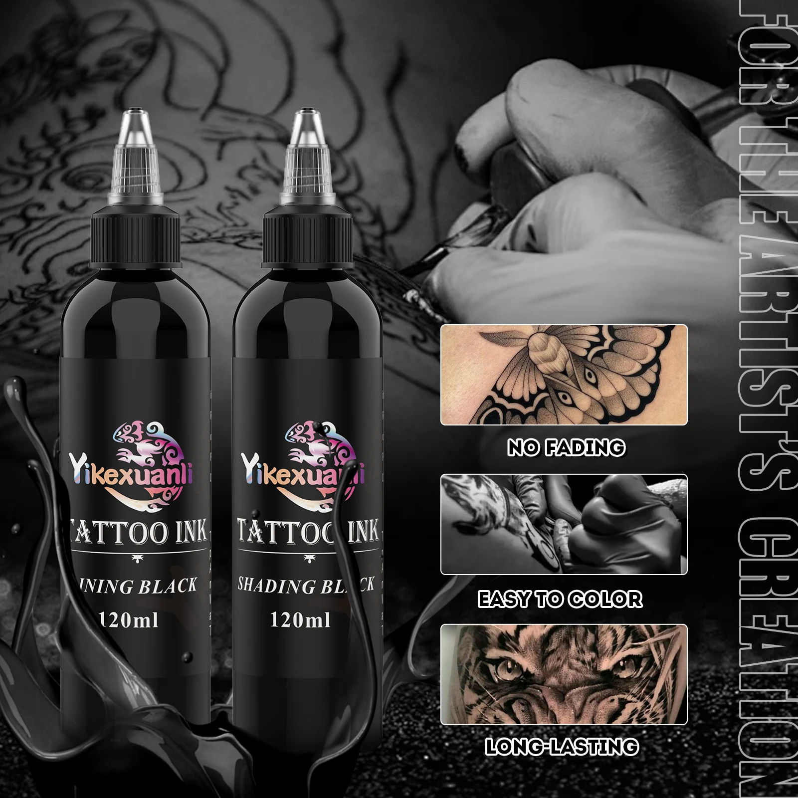 1 bottiglia di inchiostro per tatuaggi nero da 120 ml, nero più profondo - Per contorni, ombreggiatura e miscelazione, regalo di lunga durata, maestri e principianti