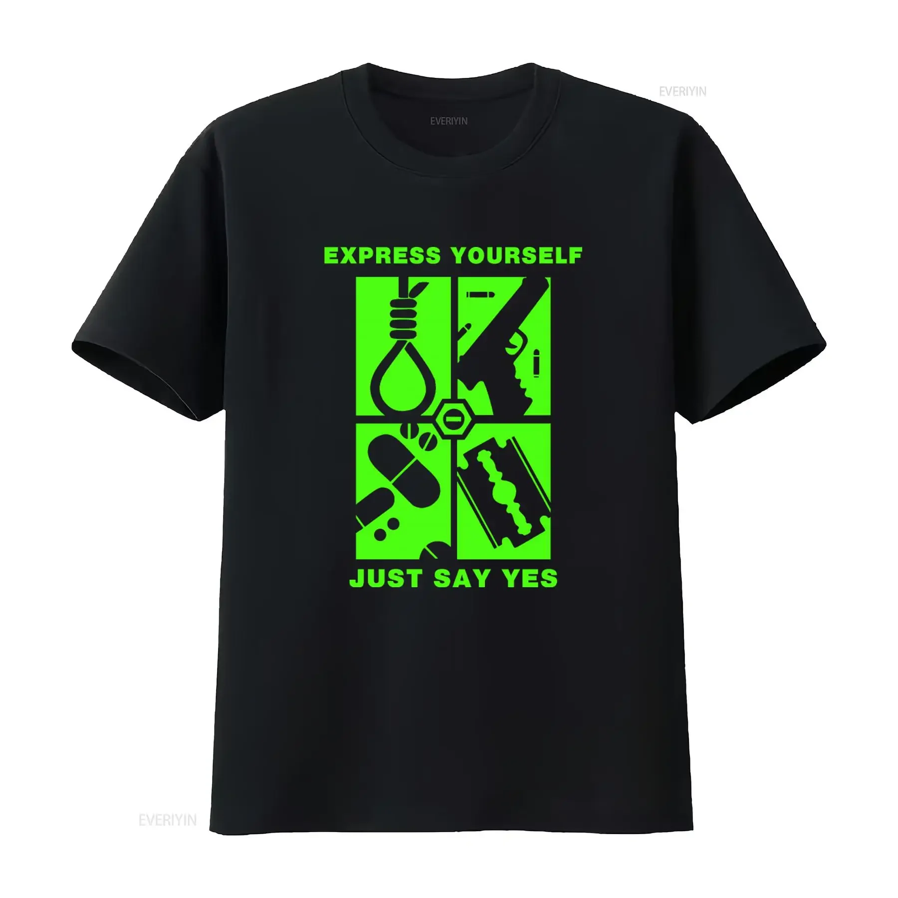 Express Yourself Just Say Yes Vintage T shirt Black Green Print  vintage Washed Top For Everyday Wear Versatile