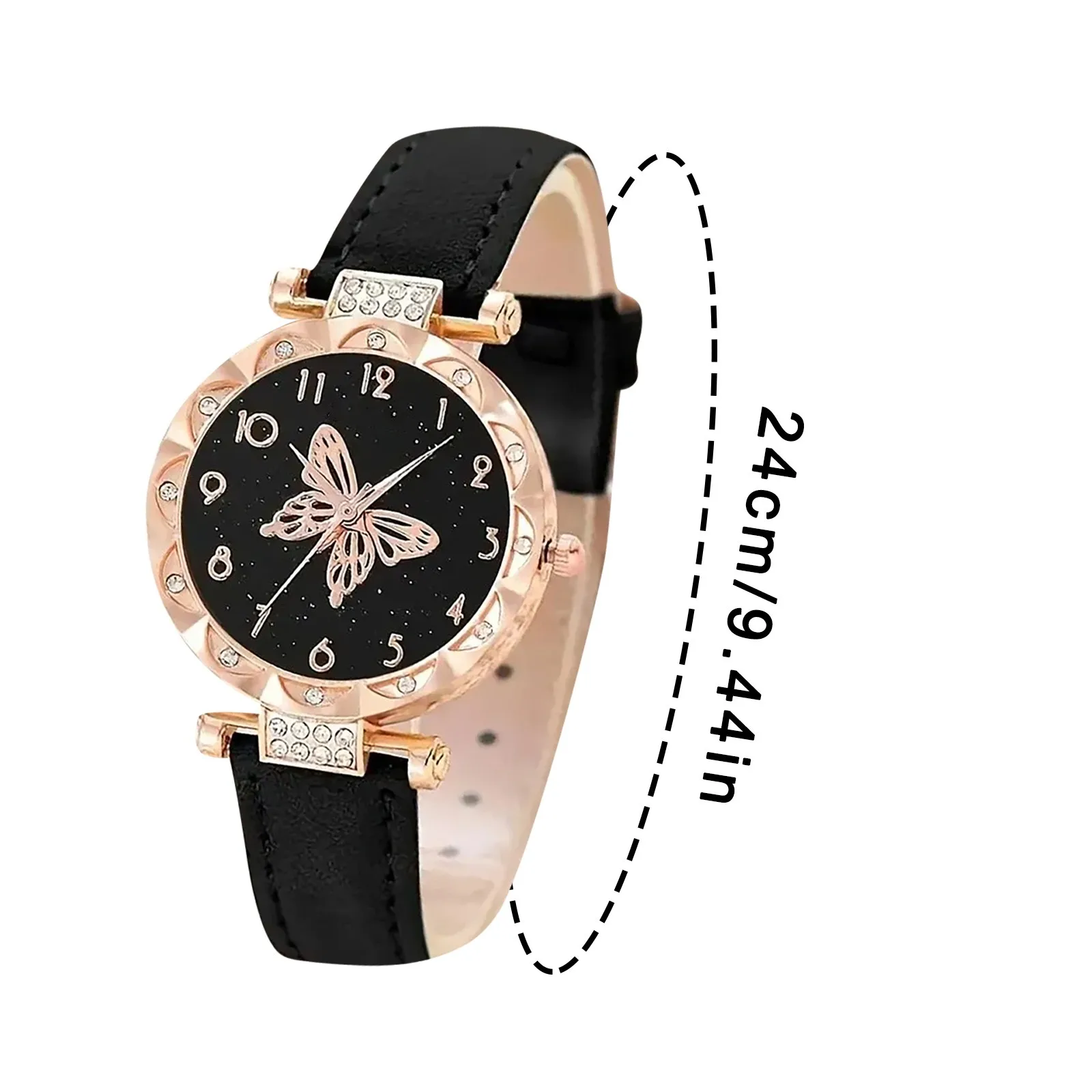 Luxury Watch Women Ring Necklace Earrings Bracelet Set Watches Butterfly Leather Strap Ladies Quartz Wristwatch No Box